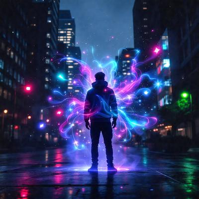 The primary subject of the image is a man standing on a city street at night. He is wearing a hooded jacket and appears to be the main focus of the scene. The setting is a city street with buildings in the background, and the visual style is a combination of photo and digital art. The colors and mood of the image are predominantly dark and moody, with the man standing in the center of a brightly colored, swirling, and glowing light effect.